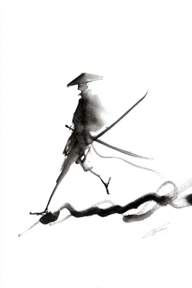 Prompt: Minimalist stick figure samurai with a conical hat, striding purposefully from left to right, side view. He carries a katana at his side. A dynamic trail of smoky black ink wisps and energetic brush strokes follows his movement. Clean white background. Monochrome, ink wash style, sumi-e. Action: Establishing the character and movement.  --raw rofile zpf5kag