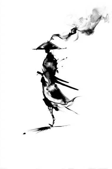 Prompt: Minimalist stick figure samurai with a conical hat, striding purposefully from left to right, side view. He carries a katana at his side. A dynamic trail of smoky black ink wisps and energetic brush strokes follows his movement. Clean white background. Monochrome, ink wash style, sumi-e. Action: Establishing the character and movement.  --raw rofile zpf5kag