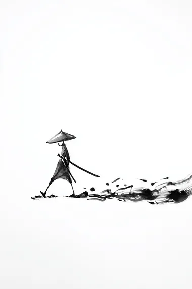 Prompt: Minimalist stick figure samurai with a conical hat, striding purposefully from left to right, side view. He carries a katana at his side. A dynamic trail of smoky black ink wisps and energetic brush strokes follows his movement. Clean white background. Monochrome, ink wash style, sumi-e. Action: Establishing the character and movement.  --raw rofile zpf5kag