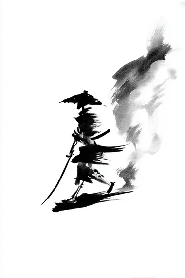 Prompt: Minimalist stick figure samurai with a conical hat, striding purposefully from left to right, side view. He carries a katana at his side. A dynamic trail of smoky black ink wisps and energetic brush strokes follows his movement. Clean white background. Monochrome, ink wash style, sumi-e. Action: Establishing the character and movement.  --raw rofile zpf5kag
