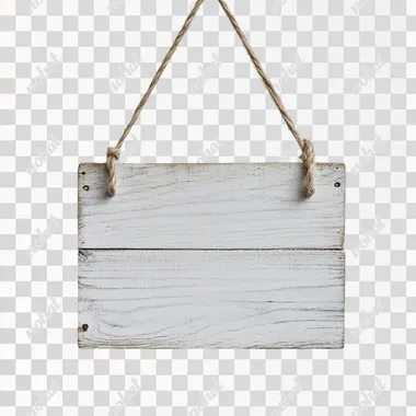 a blank, light grey wooden ganging sign, hung by string through a hole in each top corner, blank white background