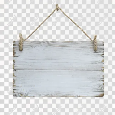 a blank, light grey wooden ganging sign, hung by string through a hole in each top corner, blank white background