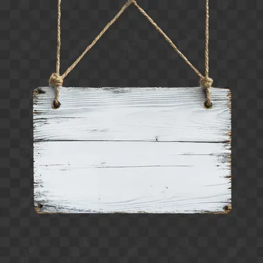 a blank, light grey wooden ganging sign, hung by string through a hole in each top corner, blank white background
