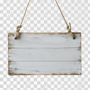 a blank, light grey wooden ganging sign, hung by string through a hole in each top corner, blank white background