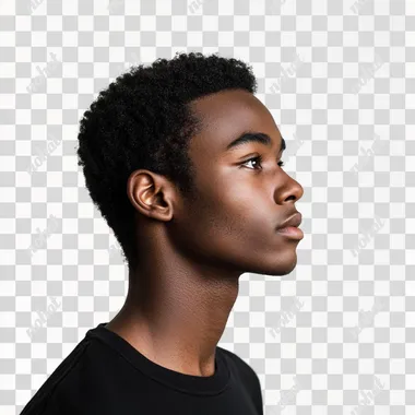A young African American model with short hair, handsome, looking straight ahead from the side, minimalist style, photography style, pure white background