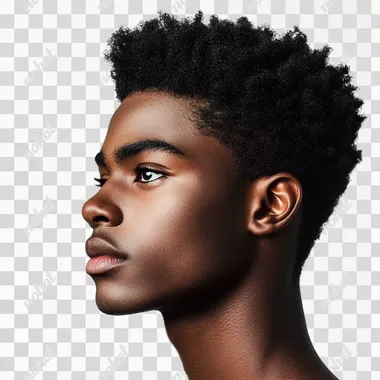 A young African American model with short hair, handsome, looking straight ahead from the side, minimalist style, photography style, pure white background