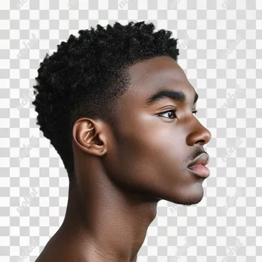 A young African American model with short hair, handsome, looking straight ahead from the side, minimalist style, photography style, pure white background