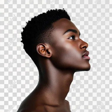 A young African American model with short hair, handsome, looking straight ahead from the side, minimalist style, photography style, pure white background