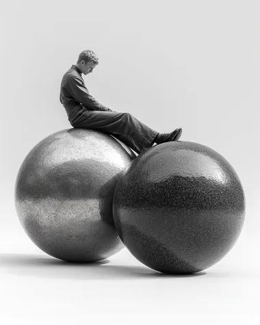 A surreal black-and-white image of a man lying horizontally between two large metallic spheres--one above him, one below. His body is gently pressed between them, as if suspended in stillness. He stretches his arms around the lower sphere, embracing it. The background is pure white, emphasizing the surreal, sculptural composition. The image feels dreamlike, introspective, and artistic, with strong contrast and soft, poetic lighting.   --s 350 --raw