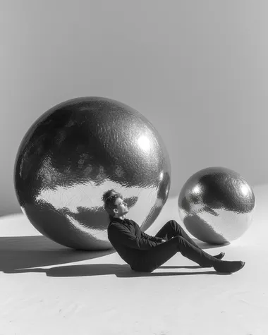 A surreal black-and-white image of a man lying horizontally between two large metallic spheres--one above him, one below. His body is gently pressed between them, as if suspended in stillness. He stretches his arms around the lower sphere, embracing it. The background is pure white, emphasizing the surreal, sculptural composition. The image feels dreamlike, introspective, and artistic, with strong contrast and soft, poetic lighting.   --s 350 --raw