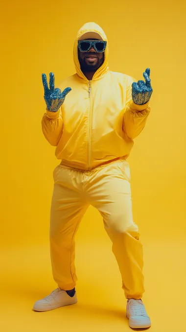 banana man showing his diamond hands to the camera while standing like a host from an 80s tv show in the style of photo 24mm