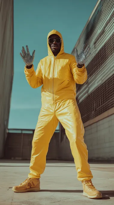 banana man showing his diamond hands to the camera while standing like a host from an 80s tv show in the style of photo 24mm
