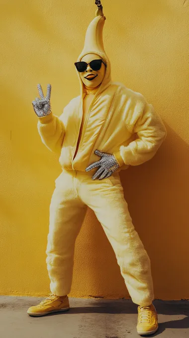 banana man showing his diamond hands to the camera while standing like a host from an 80s tv show in the style of photo 24mm