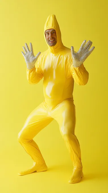 banana man showing his diamond hands to the camera while standing like a host from an 80s tv show in the style of photo 24mm
