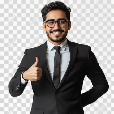 The image features a young mexican man dressed in a sleek black suit, paired with a crisp white shirt and a classic black tie. He is wearing stylish glasses that complement his professional appearance. The man has neatly groomed hair and a well-maintained beard, adding to his polished look. He is standing confidently with a friendly smile, giving a thumbs-up gesture with his right hand while keeping his left hand casually tucked into his pocket. The background is simple and neutral, likely a light gray or white studio backdrop, which ensures that the focus remains on him. The overall vibe of the image conveys confidence, approachability, and professionalism, making it suitable for corporate profiles, business websites, or professional networking platforms., realistic photo,high resolution