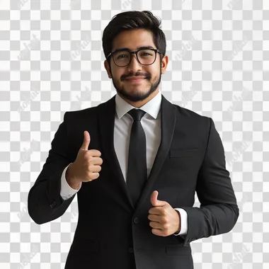 The image features a young mexican man dressed in a sleek black suit, paired with a crisp white shirt and a classic black tie. He is wearing stylish glasses that complement his professional appearance. The man has neatly groomed hair and a well-maintained beard, adding to his polished look. He is standing confidently with a friendly smile, giving a thumbs-up gesture with his right hand while keeping his left hand casually tucked into his pocket. The background is simple and neutral, likely a light gray or white studio backdrop, which ensures that the focus remains on him. The overall vibe of the image conveys confidence, approachability, and professionalism, making it suitable for corporate profiles, business websites, or professional networking platforms., realistic photo,high resolution