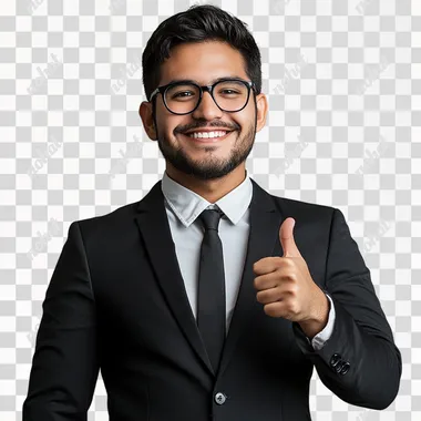 The image features a young mexican man dressed in a sleek black suit, paired with a crisp white shirt and a classic black tie. He is wearing stylish glasses that complement his professional appearance. The man has neatly groomed hair and a well-maintained beard, adding to his polished look. He is standing confidently with a friendly smile, giving a thumbs-up gesture with his right hand while keeping his left hand casually tucked into his pocket. The background is simple and neutral, likely a light gray or white studio backdrop, which ensures that the focus remains on him. The overall vibe of the image conveys confidence, approachability, and professionalism, making it suitable for corporate profiles, business websites, or professional networking platforms., realistic photo,high resolution
