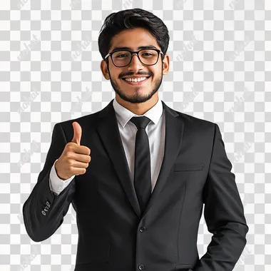 The image features a young mexican man dressed in a sleek black suit, paired with a crisp white shirt and a classic black tie. He is wearing stylish glasses that complement his professional appearance. The man has neatly groomed hair and a well-maintained beard, adding to his polished look. He is standing confidently with a friendly smile, giving a thumbs-up gesture with his right hand while keeping his left hand casually tucked into his pocket. The background is simple and neutral, likely a light gray or white studio backdrop, which ensures that the focus remains on him. The overall vibe of the image conveys confidence, approachability, and professionalism, making it suitable for corporate profiles, business websites, or professional networking platforms., realistic photo,high resolution