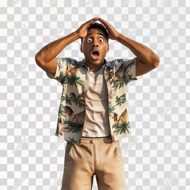 a head to toe image of Michael Robinson wearing a shirt and shorts, Hand over his head surprised reaction, african american, 4k, hyper-realistic, white background