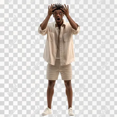 a head to toe image of Michael Robinson wearing a shirt and shorts, Hand over his head surprised reaction, african american, 4k, hyper-realistic, white background