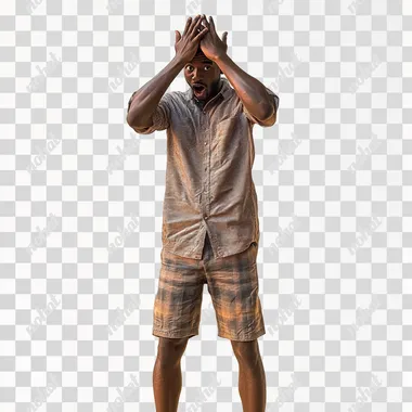 a head to toe image of Michael Robinson wearing a shirt and shorts, Hand over his head surprised reaction, african american, 4k, hyper-realistic, white background