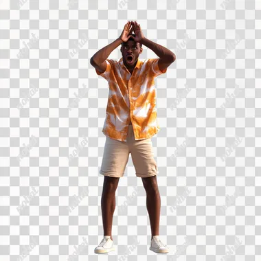 a head to toe image of Michael Robinson wearing a shirt and shorts, Hand over his head surprised reaction, african american, 4k, hyper-realistic, white background