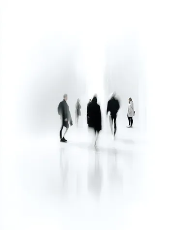 Blurred human figures in motion, against a white background with minimalist text, creating an abstract and artistic composition. The blurred images of the people create depth and movement within the scene while also serving as visual elements for design or graphic work. The overall effect is one that captures both contemporary aesthetics and emotional essence through its simplicity and minimalistic approach.