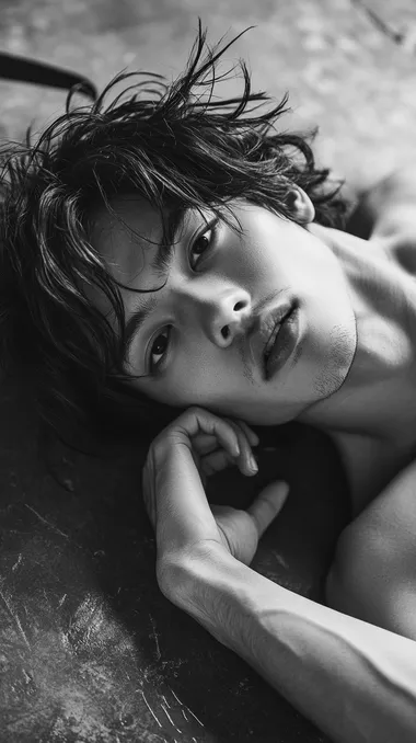 romantic black and white photo full body shot of A cute young slim breathtaking Japanese male model like an idol touching his mouth with flawless, soft facial features and gentle, perfectly shaped lips. He has longer, slightly messy hair that frames his face, adding a touch of elegance. in the gym, laying on the floor