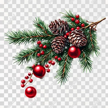 pyshky fir branch decorated with cones and Christmas balls on a white background, digital art