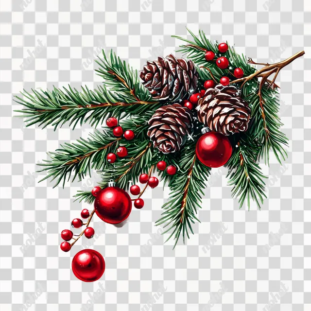 PNG Pine Branch Decorated with Red Ornaments and Pine Cones in Digital Art