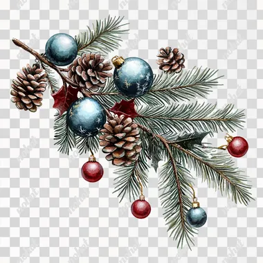 pyshky fir branch decorated with cones and Christmas balls on a white background, digital art
