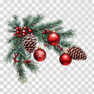 pyshky fir branch decorated with cones and Christmas balls on a white background, digital art