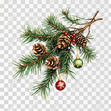 pyshky fir branch decorated with cones and Christmas balls on a white background, digital art