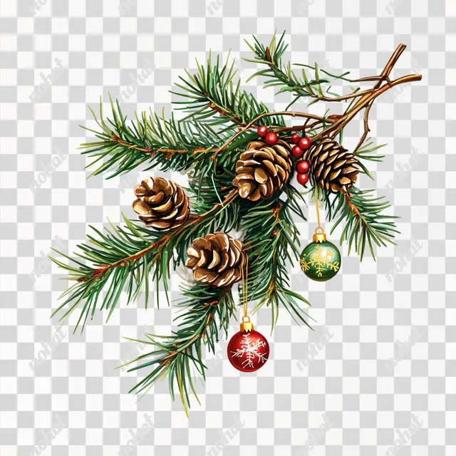PNG Pine branch adorned with cones and Christmas ornaments for home decor