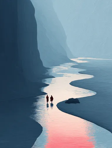 Textured Oil painting style of Renaissance minimalist painting style of microphotography view of 2 monks walking by a river, one monk has a big rock chained this his back in gold chains. big long shadows. Beautiful cascading and winding river and mountains. Abstract surrealism style., spiritual, esoteric art, raw, Rough, 3D thick paint strokes, buddha, Krishna, Shiva, Brahman, Taoist, nature