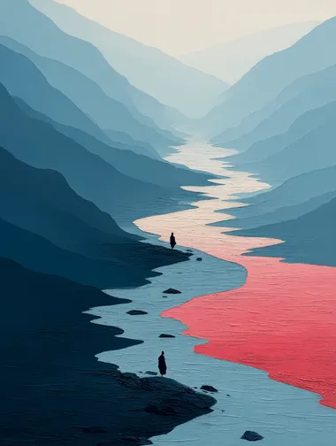 Textured Oil painting style of Renaissance minimalist painting style of microphotography view of 2 monks walking by a river, one monk has a big rock chained this his back in gold chains. big long shadows. Beautiful cascading and winding river and mountains. Abstract surrealism style., spiritual, esoteric art, raw, Rough, 3D thick paint strokes, buddha, Krishna, Shiva, Brahman, Taoist, nature