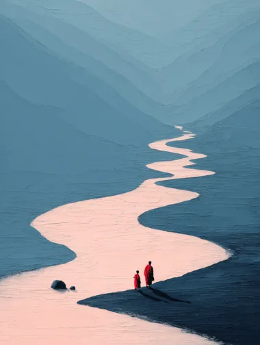 Textured Oil painting style of Renaissance minimalist painting style of microphotography view of 2 monks walking by a river, one monk has a big rock chained this his back in gold chains. big long shadows. Beautiful cascading and winding river and mountains. Abstract surrealism style., spiritual, esoteric art, raw, Rough, 3D thick paint strokes, buddha, Krishna, Shiva, Brahman, Taoist, nature