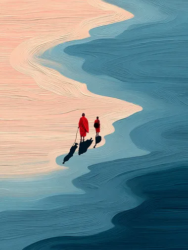 Textured Oil painting style of Renaissance minimalist painting style of microphotography view of 2 monks walking by a river, one monk has a big rock chained this his back in gold chains. big long shadows. Beautiful cascading and winding river and mountains. Abstract surrealism style., spiritual, esoteric art, raw, Rough, 3D thick paint strokes, buddha, Krishna, Shiva, Brahman, Taoist, nature