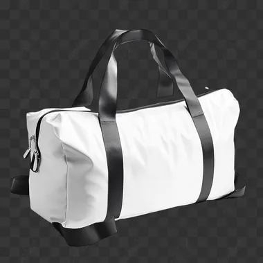 a complete white sportsbag on white background with a long ligh shadow