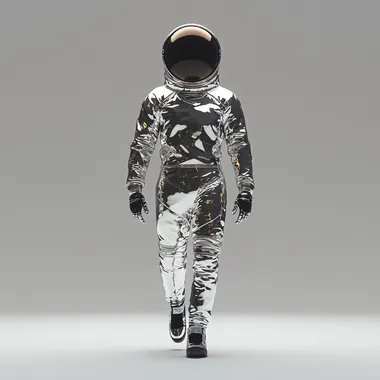 A futuristic astronaut walking forward, wearing a sleek silver spacesuit with a highly reflective metallic texture. The astronaut is fully isolated on a solid background, with only their shadow visible beneath them. The shot is taken from a diagonal angle, creating a dynamic perspective. The spacesuit features intricate details, realistic fabric folds, and subtle reflections. The helmet visor is dark and glossy, reflecting a faint cosmic glow. Ultra-realistic rendering, high detail, cinematic lighting, 8K, photorealistic, depth of field, soft shadows, professional studio photography style  --s 250