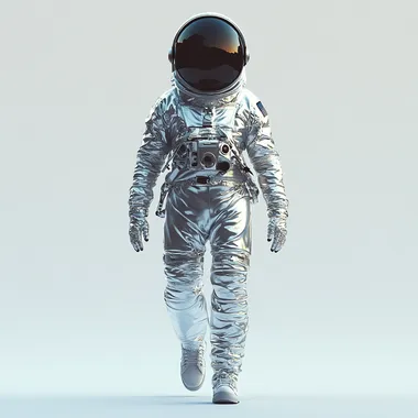 A futuristic astronaut walking forward, wearing a sleek silver spacesuit with a highly reflective metallic texture. The astronaut is fully isolated on a solid background, with only their shadow visible beneath them. The shot is taken from a diagonal angle, creating a dynamic perspective. The spacesuit features intricate details, realistic fabric folds, and subtle reflections. The helmet visor is dark and glossy, reflecting a faint cosmic glow. Ultra-realistic rendering, high detail, cinematic lighting, 8K, photorealistic, depth of field, soft shadows, professional studio photography style  --s 250
