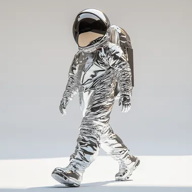 A futuristic astronaut walking forward, wearing a sleek silver spacesuit with a highly reflective metallic texture. The astronaut is fully isolated on a solid background, with only their shadow visible beneath them. The shot is taken from a diagonal angle, creating a dynamic perspective. The spacesuit features intricate details, realistic fabric folds, and subtle reflections. The helmet visor is dark and glossy, reflecting a faint cosmic glow. Ultra-realistic rendering, high detail, cinematic lighting, 8K, photorealistic, depth of field, soft shadows, professional studio photography style  --s 250