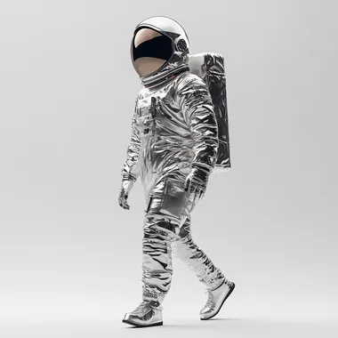A futuristic astronaut walking forward, wearing a sleek silver spacesuit with a highly reflective metallic texture. The astronaut is fully isolated on a solid background, with only their shadow visible beneath them. The shot is taken from a diagonal angle, creating a dynamic perspective. The spacesuit features intricate details, realistic fabric folds, and subtle reflections. The helmet visor is dark and glossy, reflecting a faint cosmic glow. Ultra-realistic rendering, high detail, cinematic lighting, 8K, photorealistic, depth of field, soft shadows, professional studio photography style  --s 250