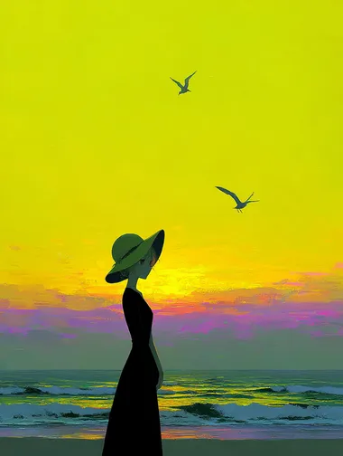 A cinematic photograph of a young woman standing by the sea during sunset. She is wearing a closed, elegant dress and a wide-brimmed sun hat with a soft, flexible brim, similar to a beach hat. The woman has a gentle, relaxed smile on her face. The golden sunlight creates a warm, dreamy atmosphere, illuminating the waves and casting rich orange and golden hues across the sky. Two seagulls are flying gracefully above the ocean, their wings catching the soft light. The overall mood is emotional, peaceful, and cinematic, like a high-end romantic movie poster. Ultra-realistic, highly detailed, soft-focus, emotional lighting.