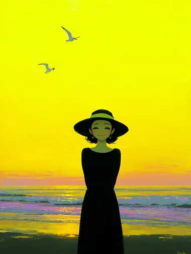 A cinematic photograph of a young woman standing by the sea during sunset. She is wearing a closed, elegant dress and a wide-brimmed sun hat with a soft, flexible brim, similar to a beach hat. The woman has a gentle, relaxed smile on her face. The golden sunlight creates a warm, dreamy atmosphere, illuminating the waves and casting rich orange and golden hues across the sky. Two seagulls are flying gracefully above the ocean, their wings catching the soft light. The overall mood is emotional, peaceful, and cinematic, like a high-end romantic movie poster. Ultra-realistic, highly detailed, soft-focus, emotional lighting.
