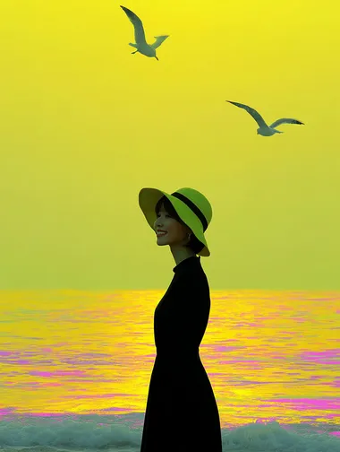 A cinematic photograph of a young woman standing by the sea during sunset. She is wearing a closed, elegant dress and a wide-brimmed sun hat with a soft, flexible brim, similar to a beach hat. The woman has a gentle, relaxed smile on her face. The golden sunlight creates a warm, dreamy atmosphere, illuminating the waves and casting rich orange and golden hues across the sky. Two seagulls are flying gracefully above the ocean, their wings catching the soft light. The overall mood is emotional, peaceful, and cinematic, like a high-end romantic movie poster. Ultra-realistic, highly detailed, soft-focus, emotional lighting.