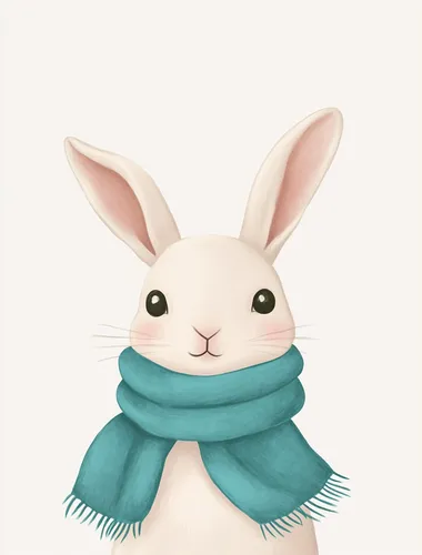 a cute little bunny with a bright blue green scarf around its neck on a white background, designed in the style of Matisse's cut-out works using soft pastel colors. The composition is minimalist with clean lines, focusing on soft shapes and subtle color gradients to create a sense of calmness and tranquility. This artwork should embody simplicity and elegance, suitable for serene nursery walls.