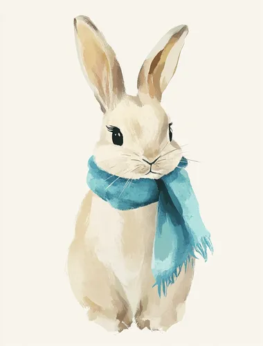 a cute little bunny with a bright blue green scarf around its neck on a white background, designed in the style of Matisse's cut-out works using soft pastel colors. The composition is minimalist with clean lines, focusing on soft shapes and subtle color gradients to create a sense of calmness and tranquility. This artwork should embody simplicity and elegance, suitable for serene nursery walls.