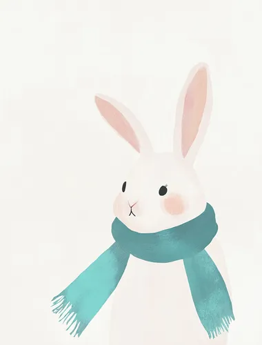 a cute little bunny with a bright blue green scarf around its neck on a white background, designed in the style of Matisse's cut-out works using soft pastel colors. The composition is minimalist with clean lines, focusing on soft shapes and subtle color gradients to create a sense of calmness and tranquility. This artwork should embody simplicity and elegance, suitable for serene nursery walls.