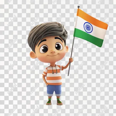 3d character teenage boy holding indian flag , in the style of pixar, isolated on a white bg